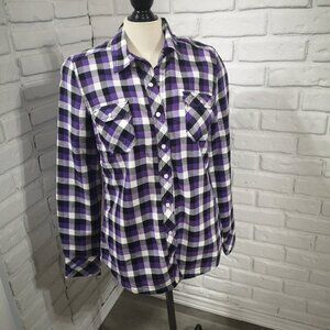 BC Clothing Ladies Size Small Purple White Black Plaid Faux Fur Lined Shirt